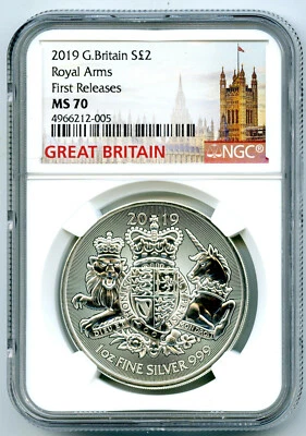 2019 2PD GREAT BRITAIN 1OZ SILVER NGC MS70 ROYAL ARMS FIRST RELEASES RARE POP21 - Image 1 of 2