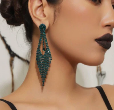 Pendientes colgantes de diamantes de imitación verde oscuro borla araña fiesta graduación casino pasador Foto 1 de 4