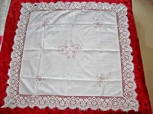 Shabby Chic White Cotton,Eyelet Embroidery & Deep Lace Borders Tablecloth 42" sq - Picture 1 of 6