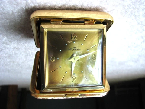 Vintage SETH THOMAS Germany Wind Up Travel Alarm Clock Gold Tone Cover