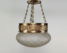 1920s Antique Plafonnier Glass & Brass Pendant Lamp Embossed with Fruiting Vines