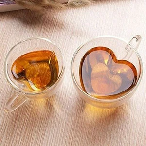 Double Walled Heart Shaped Glass Coffee Cups Heat Resistant, 200ml / 240ml - Picture 1 of 3