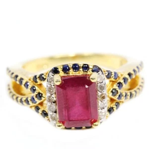 925 STERLING SILVER PIGEON BLOOD RED RUBY & BLUE SAPPHIRE OCTAGON RING SIZE 6.25 - Picture 1 of 6