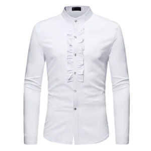 Men Gents Dress Shirt Tops Blouse Top Ruffle Pleated Front Wedding Prom Ball Fit - Picture 1 of 14