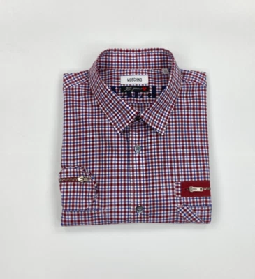 Men's Burgundy Check Moschino Shirt 16.5" Medium M Pockets Short Sleeve 30 A - Image 1 of 4