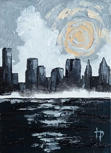 Cityscape Skyline Urban Sunset Original Handmade Oil Painting by Irene Pandin - Picture 1 of 12