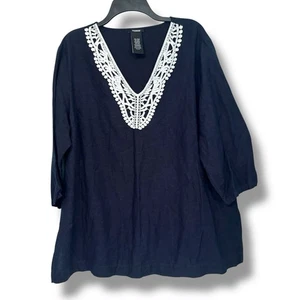Top donna Premise XXL blu navy pizzo tunica boho blusa manica 3/4 lino/rayon strati - Foto 1 di 9