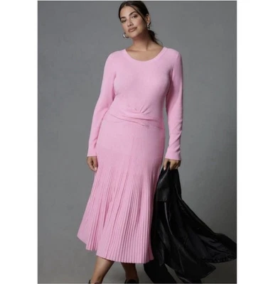 Vestido Anthropologie Manga Larga Acanalado Suéter Plisado Midi Rosa Talla 3X Nuevo con Etiquetas Foto 1 de 4