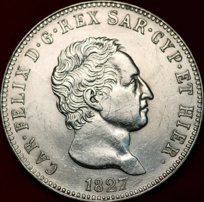 Moneda extranjera de plata de 5 liras de Cerdeña de los Estados italianos de 1827 sin circular Foto 1 de 2