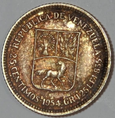 Venezuela 1954 plata 25 centimos km-35 N-5317 Bu rico dorado-borgoña tonificación Foto 1 de 4