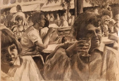 复古拉丁裔公共市场咖啡馆炭画签名 Cheri Walton c. 1990 年代 — 第 1/4 张图片