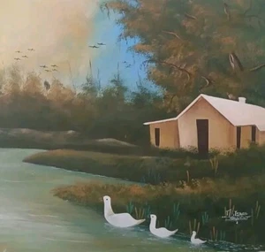 Original haitianische Leinwandkunst Acryl ENTE Gemälde signiert 18"" x 24"" J. Dellasaint - Bild 1 von 9