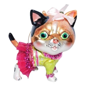 Mundgeblasene Glas Katze Ornament Kitshy Kitty rosa grün Kleid Weihnachten Kätzchen - Bild 1 von 6