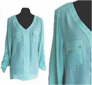 ex M&Co Mint Blouse 3/4 Roll Up Sleeves Pastel Top With Pockets Relaxed Fit - Picture 1 of 3