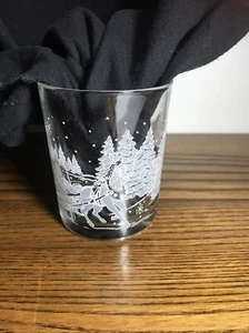 4 NIB Frosted Horse Drawn Sleigh, Winter Scene, Pine Trees, 12 oz Tumbler Glass - Picture 1 of 9