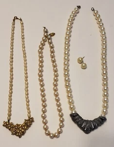 Vintage Lot Faux Pearl Necklace Earring Goldtone Silvertone Flaws - Picture 1 of 16
