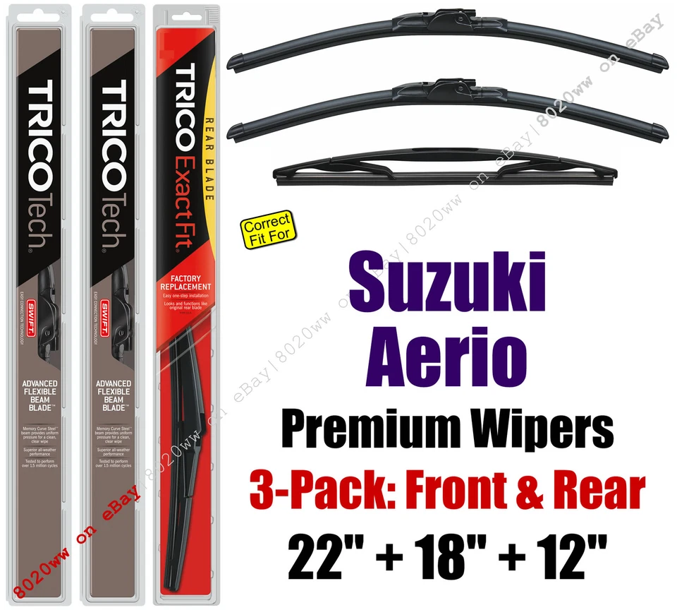 Paquete de 3 limpiaparabrisas delanteros traseros premium - apto para Suzuki Aerio 2004-2007 - 19220/180/12B Foto 1 de 1