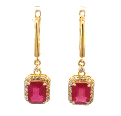 Vintage Victorian Pave Diamond & Red Ruby Earrings Gold Ruby Wedding Jewelry - Image 1 of 4