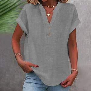 Women's V-Neck Short Sleeve Cotton Linen Blouse Top Lightweight Summer Shirt - Picture 1 of 61