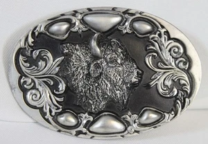 Vtg Siskiyou Belt Buckle Diamond Cut Buffalo Bison Black Silver Big Western 1995 - Picture 1 of 6