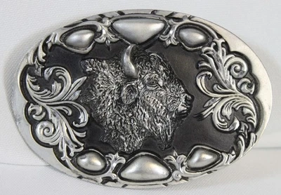 De Colección Siskiyou Cinturón Hebilla Corte Diamante Búfalo Bisonte Negro Plata Big Western 1995 Foto 1 de 4