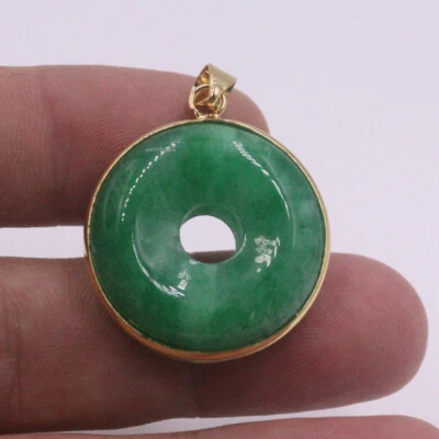 Yellow Gold-Plated Alloy Handmade Green Jade Round Lucky Pendant  35*26MM - Image 1 of 4