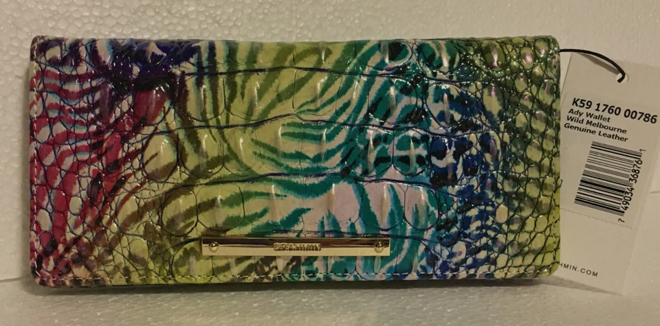 Brahmin Melbourne Ady Slim Bifold Leather Wallet WILD Lime Green Blue Purple