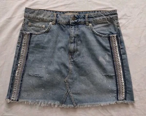 Free People Embellished Beaded Distressed Mini Denim Skirt Womens Size 12 - Picture 1 of 6