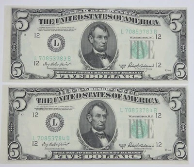 Consecutive Pair Series 1950-B Green Seal $5 FRN L-SF District ChCU Fr#1963-L  - Image 1 of 4
