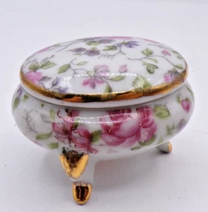Lefton Rose Chintz Tiny Three Legged Oval Trinket Ring Box Pink Roses Gold Feet - Picture 1 of 9