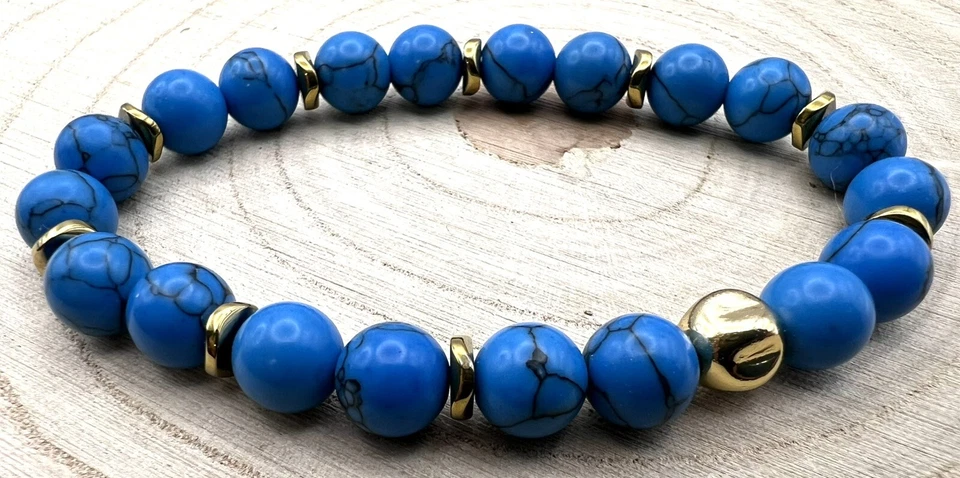 Edles Armband blauen Howlith Perlen Elastisch & Unisex Naturstein Echte Neu TOP - Bild 1 von 3