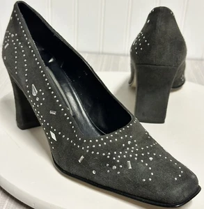 Y2K J. Renee sz 7M Silver Studs Gray Suede Leather Pumps Pointy Snip Toes - Picture 1 of 12