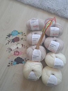 Wolle Konvolut KATIA, 8 Kn. neu, MERINO BABY + Stricknadeln + Blumen - Bild 1 von 6