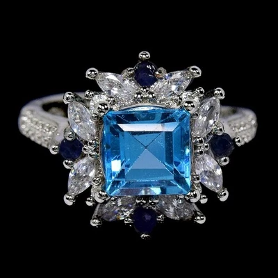 GENUINE AAA BLUE TOPAZ, SAPPHIRE & CZ STERLING 925 SILVER RING SIZE 7-8 - Image 1 of 4