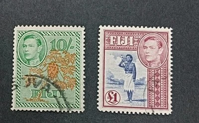 FIJI 1950 10s 1 Pound SG 226a 226b SC 131a 131b Fine Used short perfs - Image 1 of 2