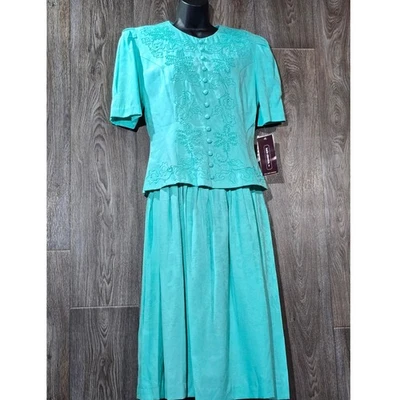 NUEVO CON ETIQUETAS Karin Stevens Vintage Falda Traje Vestido Aqua Turquesa Talla 8 Bordado Foto 1 de 4