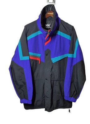Vintage Helly Hansen Jacket Mens Large Black Purple Teal Nylon Windbreaker 90s - Image 1 of 4