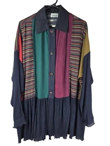 Vintage Staley Gretzinger gestreift Knopfleiste Plissee Tunika Top Kunst zu tragen 1X/2X - Bild 1 von 6