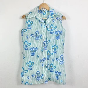 Camiseta sin mangas vintage con botones y cuello floral azul verde Kmart - Imagen 1 de 5