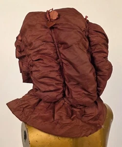 1830’S GOOSE DOWN FILLED BROWN SILK PUMPKIN HOOD W RIBBON TIES - Picture 1 of 7