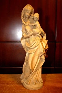 ANTIQUE 10" HAND CARVED WOOD CATHOLIC VIRGIN MARY OUR LADY JESUS STATUE FIGURE - Picture 1 of 12