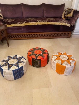 Марокканский средиземноморский пуф PoofQuality кожаный богемный декор оттоманка табуретка для ног - Изображение 1 из 4