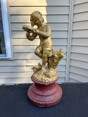 Antiguo Newel Post Dorado Espelta Querubín Putti Angel Salvamento Arquitectónico Foto 1 de 4