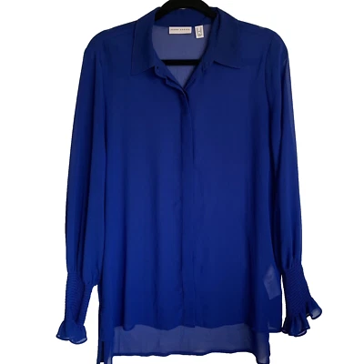 Susan Graver  Woman Blue Sheer Chiffon Button Big Shirt Long Sleeve Size 8 - Image 1 of 4
