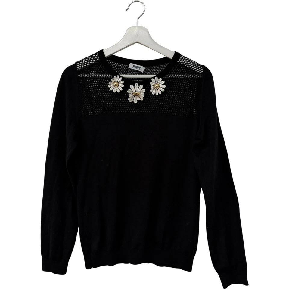 Moschino Jersey Negro Barato y Elegante con Acento Floral Crochet Talla 14 Foto 1 de 4
