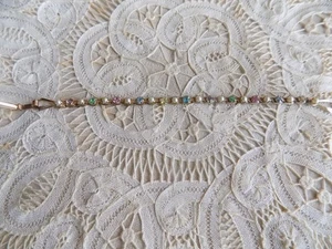 Vintage Gold tone Bracelet with faux pearls &colorful rhinestones -blue, pink - Picture 1 of 3