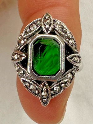 Anillo Avon Vintage Verde Imitación Marcasita Talla 5 Art Deco Plata Años 70 Foto 1 de 4
