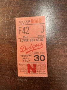Tuesday April 30th 1957 Dodgers Vs Chicago Cubs Ticket Don Zimmer HR 10th Inning - Picture 1 of 2