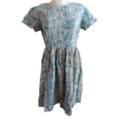 Vintage 9 1950s Dress MCM Script Print Pleated Waist 1of1 Handmade Green Rayon - Image 1 of 4