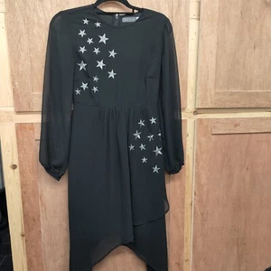 Mint Velvet Black Silver Stars Long Sleeve Chiffon MIDI Dress UK 6 Vgc Party - Picture 1 of 7